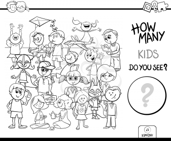 Black and White Cartoon Illustration of Educational Counting Activity Task with Kid Characters Coloring Book