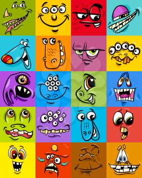 Cartoon Illustration of Monsters Fantasy Characters Faces Set or Packing Paper Design