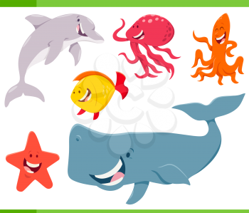 Cartoon Illustration of Funny Sea Life Animal Characters Set