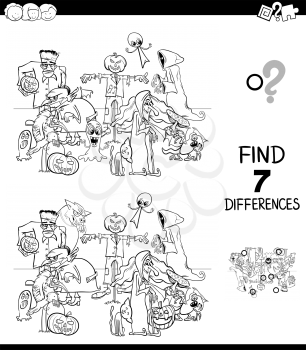 Black and White Cartoon Illustration of Finding Ten Differences Between Pictures Educational Game for Children with Halloween Characters Coloring Book