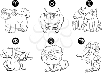 Black and White Cartoon Illustration of Horoscope Zodiac Signs with Funny Dogs Set