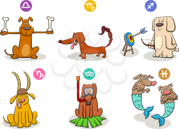 Cartoon Illustration of Horoscope Zodiac Signs with Dog Characters Set