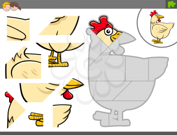Cartoon Illustration of Educational Jigsaw Puzzle Game for Children with Chicken Farm Animal Character
