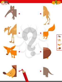 Cartoon Illustration of Educational Game of Matching Halves of Funny Animals