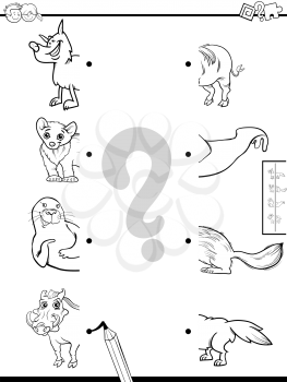 Black and White Cartoon Illustration of Educational Game of Matching Halves of Pictures with Wild Animals Coloring Book