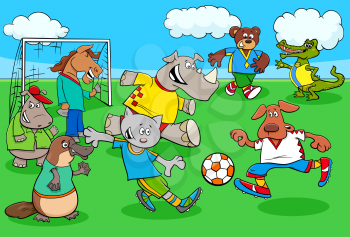 Cartoon Illustrations of Animal Football or Soccer Player Characters Playing Match