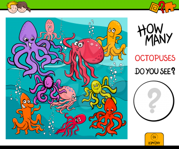 Cartoon Illustration of Educational Counting Activity Game for Children with Octopus Animal Characters