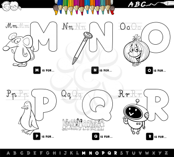 Black and White Cartoon Illustration of Capital Letters Alphabet Educational Set for Reading and Writing Learning for Children from M to R Color Book