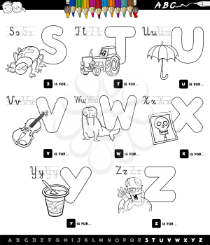 Black and White Cartoon Illustration of Capital Letters Alphabet Educational Set for Reading and Writing Learning for Children from S to Z Color Book