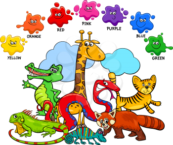 Cartoon Illustration of Basic Colors Educational Page for Children with Wild Animal Characters