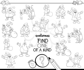 Black and White Cartoon Illustration of Find One of a Kind Picture Educational Game for Kids with Santa Claus Characters Coloring Book
