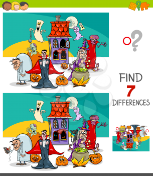 Cartoon Illustration of Finding Seven Differences Between Pictures Educational Game for Children with Spooky Halloween Characters