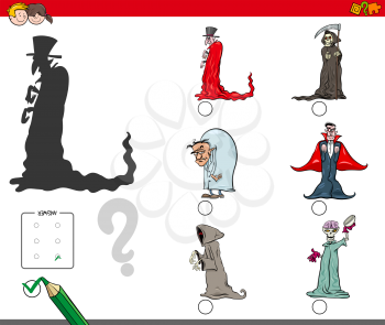 Cartoon Illustration of Finding the Right Shadow Educational Activity for Children with Halloween Spooky Characters