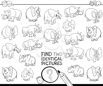 Black and White Cartoon Illustration of Finding Two Identical Pictures Educational Game for Kids with Elephants and Rhinoceros Characters Coloring Book