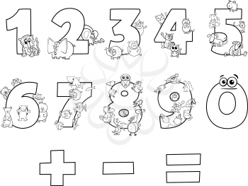 Black and White Cartoon Illustration of Numbers Set from Zero to Nine with Animal Characters