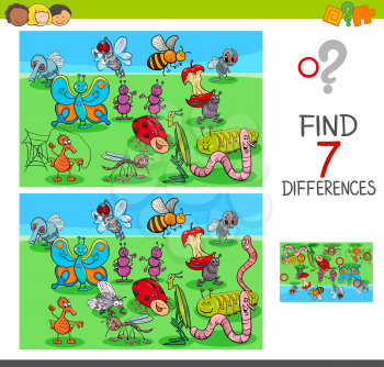Cartoon Illustration of Finding Seven Differences Between Pictures Educational Game for Children with Insects Animal Characters
