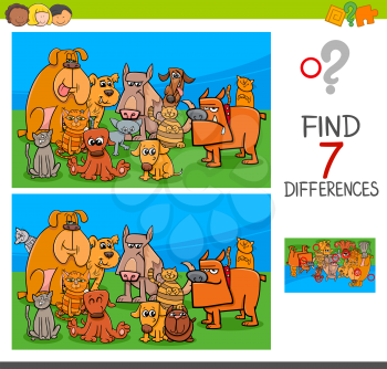 Cartoon Illustration of Finding Seven Differences Between Pictures Educational Game for Children with Dogs and Cats Animal Characters Group