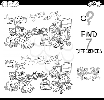 Black and White Cartoon Illustration of Finding Seven Differences Between Pictures Educational Game for Children with Transportation Vehicles Characters Coloring Book