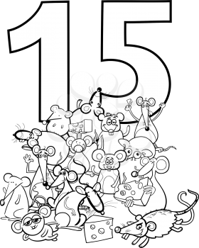 Black and White Cartoon Illustration of Number Fifteen and Mice Characters Group Coloring Book