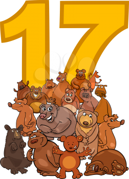 Cartoon Illustration of Number Seventeen and Bear Characters Group