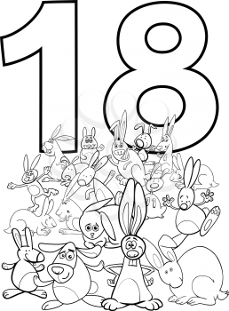 Black and White Cartoon Illustration of Number Eighteen and Rabbit Characters Group Coloring Book