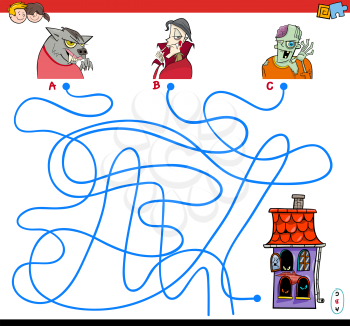 Cartoon Illustration of Lines Maze Puzzle Game with Halloween Characters
