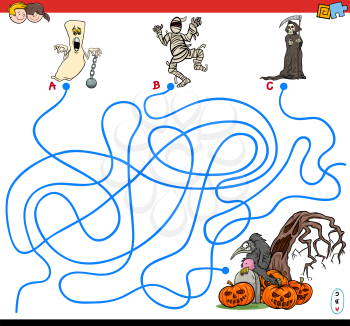Cartoon Illustration of Lines Maze Puzzle Game with Halloween Spooky Characters