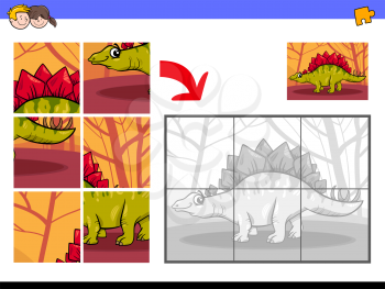 Cartoon Illustration of Educational Jigsaw Puzzle Activity Game for Children with Funny Dinosaur Character