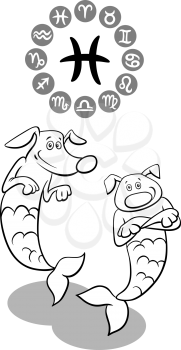 Cartoon Illustration of Funny Dog as Pisces Zodiac Sign