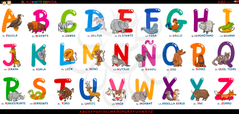 Cartoon Illustration of Educational Colorful Spanish Alphabet or Alfabeto Espanol Set with Funny Animals