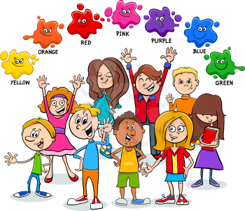 Cartoon Illustration of Basic Colors Educational Page for Kids with Happy Children Characters