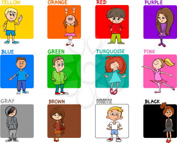 Cartoon Illustration of Basic Colors with Children Characters Educational Set