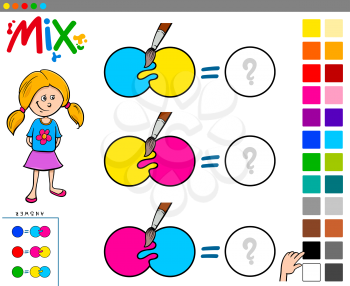 Cartoon Illustration of Mixing Colors Educational Game for Children