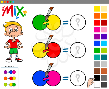 Cartoon Illustration of Mixing Colors Educational Game for Kids