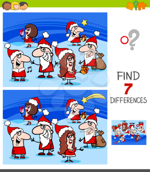 Cartoon Illustration of Finding Seven Differences Between Pictures Educational Game for Children with Christmas Characters