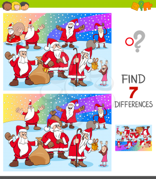 Cartoon Illustration of Finding Differences Between Pictures Educational Game for Children with Santa Claus Christmas Characters Group