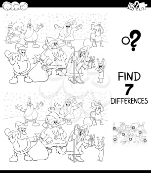 Black and White Cartoon Illustration of Finding Differences Between Pictures Educational Game for Children with Santa Claus Christmas Characters Group Coloring Book