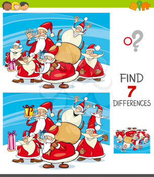 Cartoon Illustration of Finding Differences Between Pictures Educational Task for Children with Santa Claus Christmas Characters