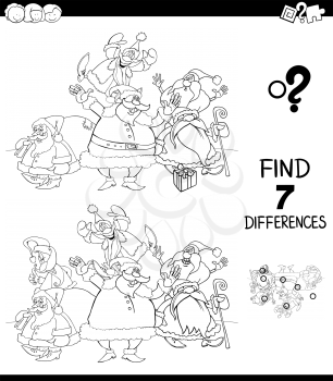Black and White Cartoon Illustration of Finding Seven Differences Between Pictures Educational Game for Children with Christmas Characters Group Coloring Book
