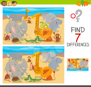 Cartoon Illustration of Finding Seven Differences Between Pictures Educational Puzzle Game for Kids with Animal Characters