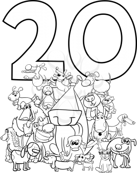 Black and White Cartoon Illustration of Number Twenty and Dogs Animal Characters Group Coloring Book