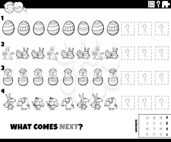 Black and White Cartoon Illustration of Completing the Pattern Educational Game for Children with Easter Holiday Characters Coloring Book Page