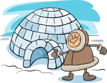 Cartoon Illustration of Funny Eskimo or Lapp Man with his Igloo House