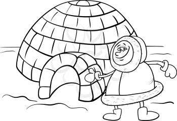 Black and White Cartoon Illustration of Funny Eskimo or Lapp Man with his Igloo House Coloring Book Page