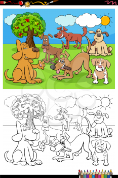 Cartoon Illustration of Happy Playful Dogs Pets Animal Characters Group Coloring Book Page