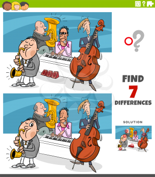 Cartoon Illustration of Finding Differences Between Pictures Educational Game for Children with Comic Jazz Band Musicians Characters