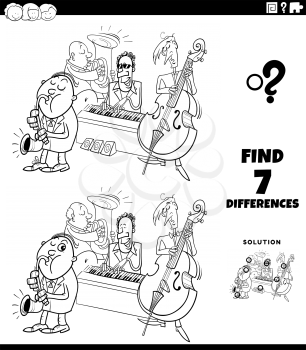 Black and White Cartoon Cartoon Illustration of Finding Differences Between Pictures Educational Game for Children with Comic Jazz Band Musicians Characters Coloring Book Page
