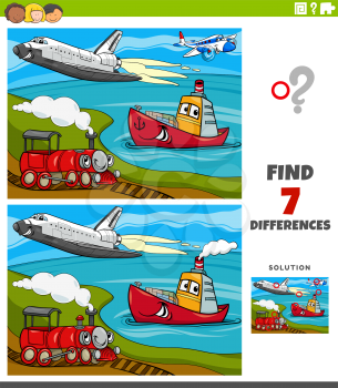 Cartoon Illustration of Finding Differences Between Pictures Educational Game for Children with Comic Transportation Vehicle Characters