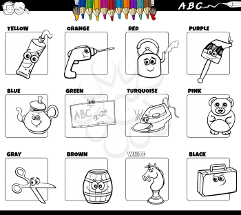 Black and White Cartoon Illustration of Basic Colors with Comic Object Characters Educational Set Coloring Book Page