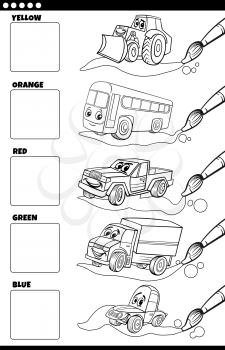 Black and White Cartoon Illustration of Basic Colors with Funny Vehicle Characters Educational Set for Preschool Children Coloring Book Page